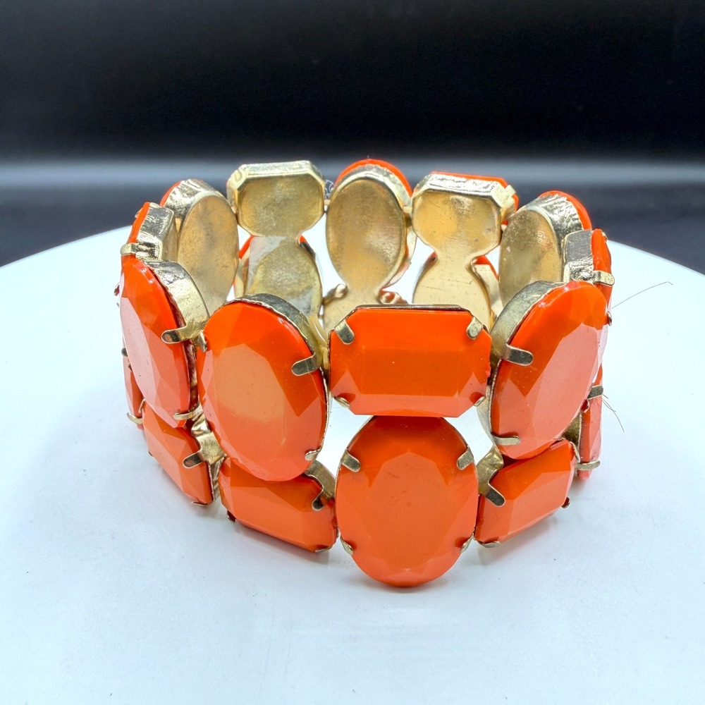 Orange Faceted Rhinestone Stretch Bracelet Chunky Statement Cocktail Boho Gift